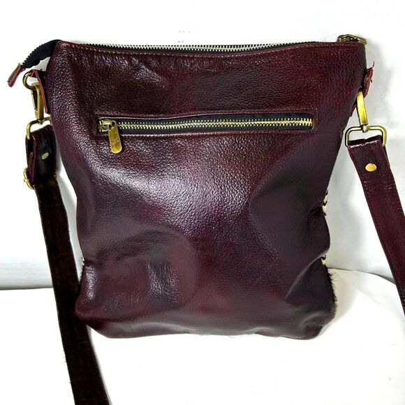 Myra Mixed Media Wine Leather Chevron Fabric Haircalf Shoulder Crossbody Bag - Picture 7 of 13